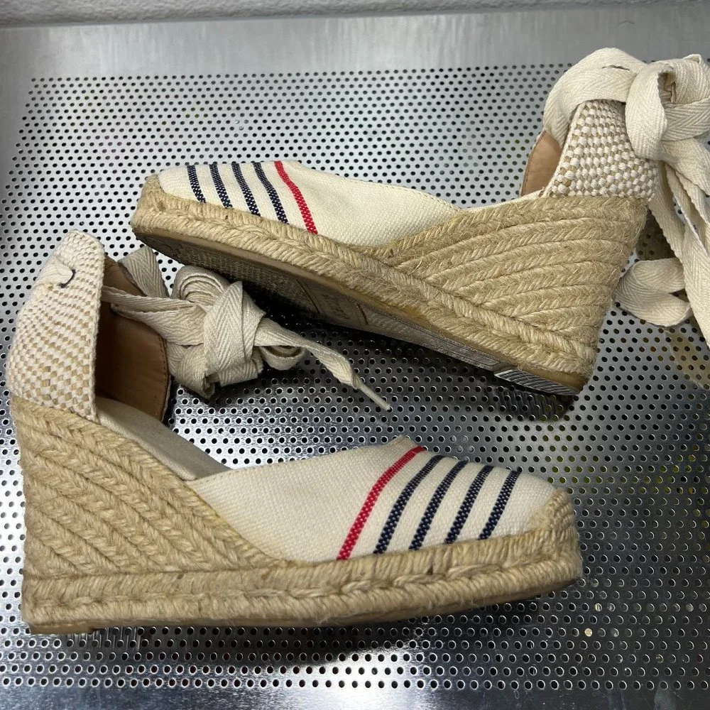 Soludos Women's Lace-Up Tall Wedge Espadrilles Red‎ Navy Natural  Size 5